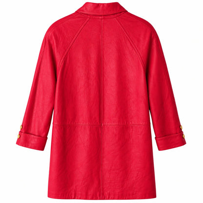 Tibor Red Genuine Leather Double Breasted Coat Gold Buttons Shoulder Pads S