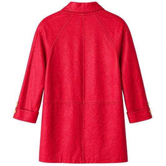 Tibor Red Genuine Leather Double Breasted Coat Gold Buttons Shoulder Pads S