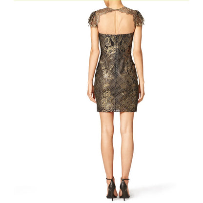 Marchesa Notte Black Gold Lace Sheath Cocktail Dress