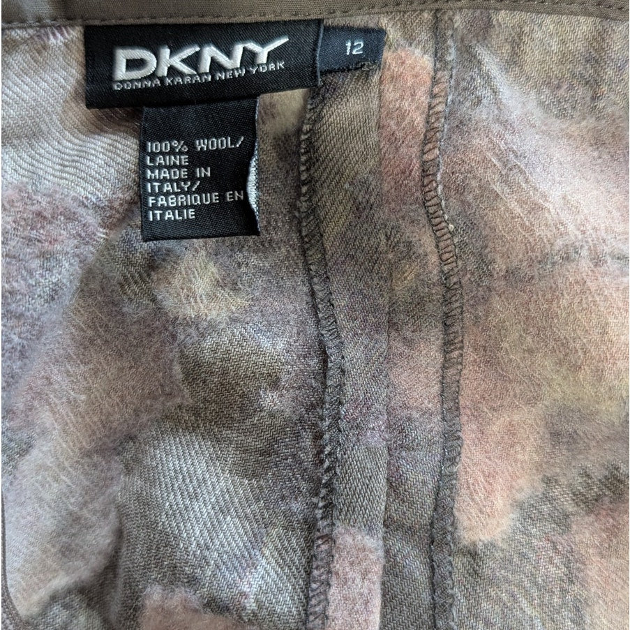 DKNY 100% Wool Floral Midi Skirt Size 12 Gray Pink Pleated A-Line