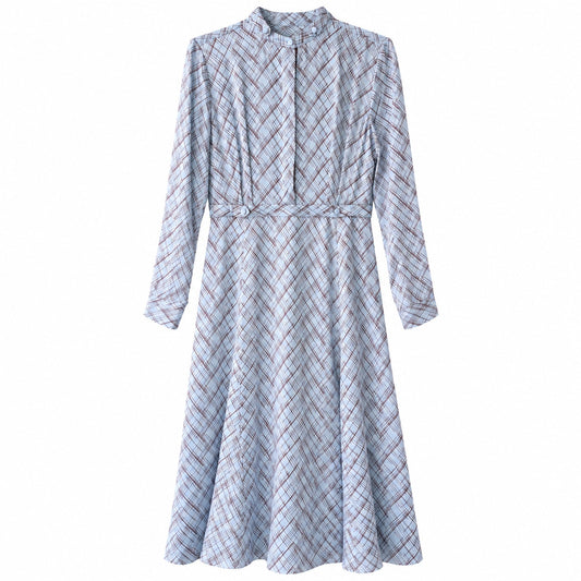 100% Silk Equipment Femme Blue Red Print Long Sleeve Fit Flare Midi Dress Size 4