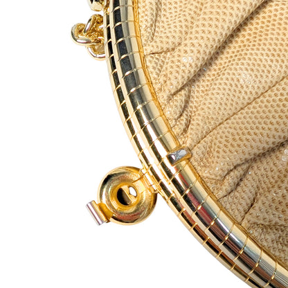 100% Genuine Lizard Skin Susan Gail  Half Moon Clutch Evening Bag Beige Gold Vintage