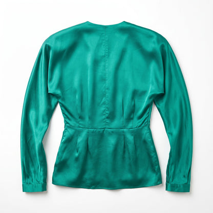 100% Silk Satin Giorgio Armani Emerald Teal  Peplum Blouse IT38 / US 2