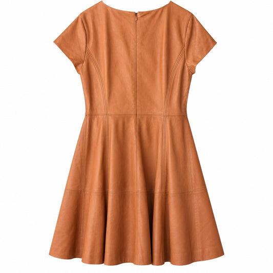 Lauren Ralph Lauren Lamb Leather Fit & Flare Dress, Cognac, Buckle Tab, Size 18