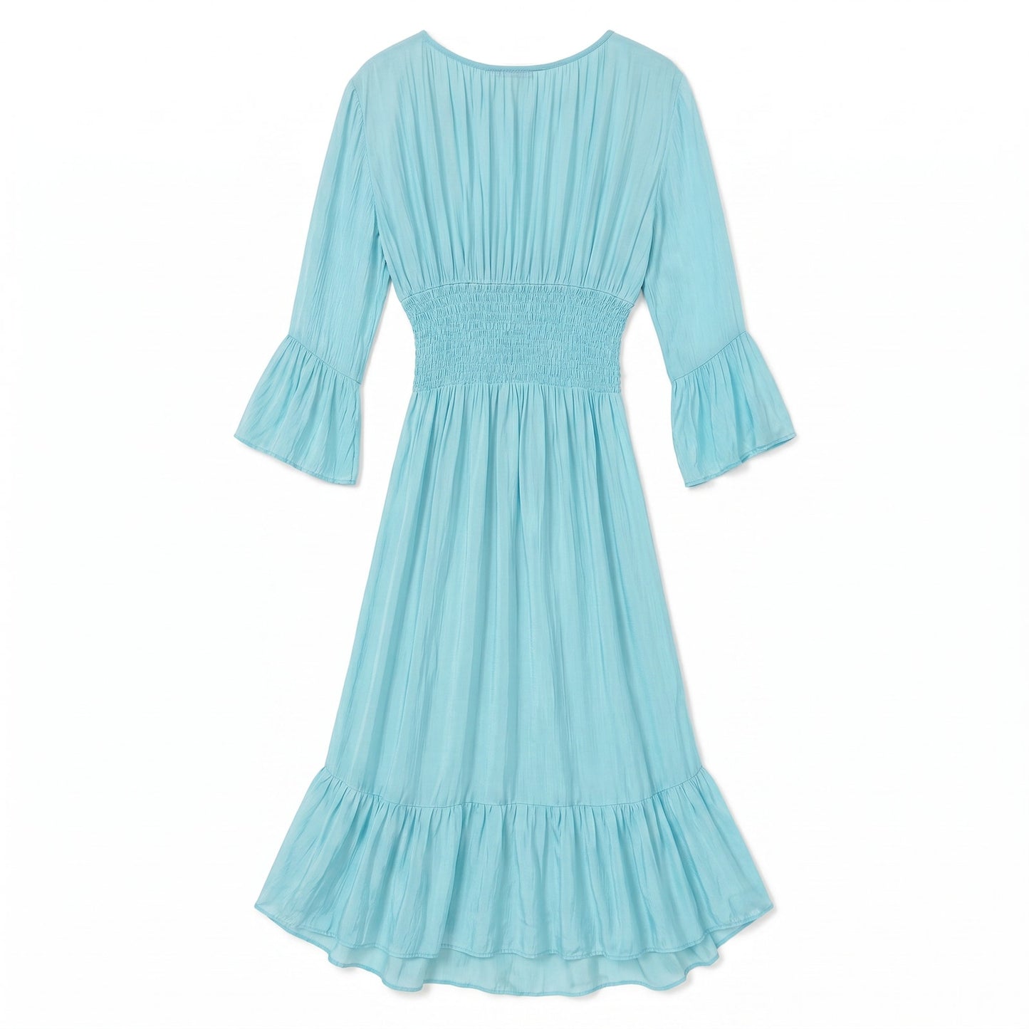 Italian 100% Silk Aqua Mint Smocked Waist Maxi Dress | Balloon Sleeves | Ruffle Hem I Italy