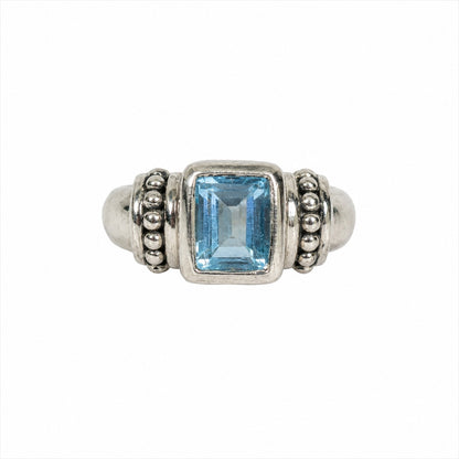 925 Sterling Silver Blue Topaz Ring Size 7.25 Emerald Cut Statement Ring