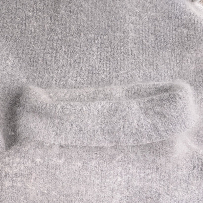 Gray Fuzzy Wool Angora Feel Cowl Neck Tunic Sweater, Oversized