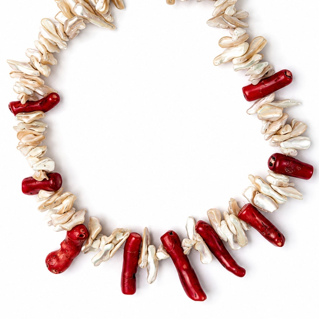 Natural Coral & Shell Statement Necklace 925 Sterling Silver Clasp 18"
