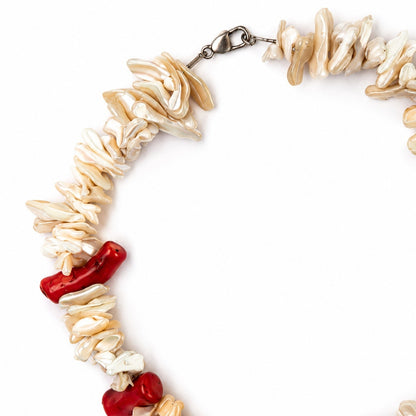 Natural Coral & Shell Statement Necklace 925 Sterling Silver Clasp 18"