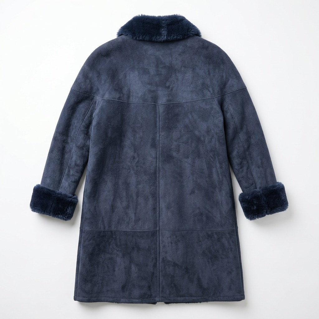 Vintage Sawyer of Napa 100% Shearling Suede Coat Navy Blue Sheepskin