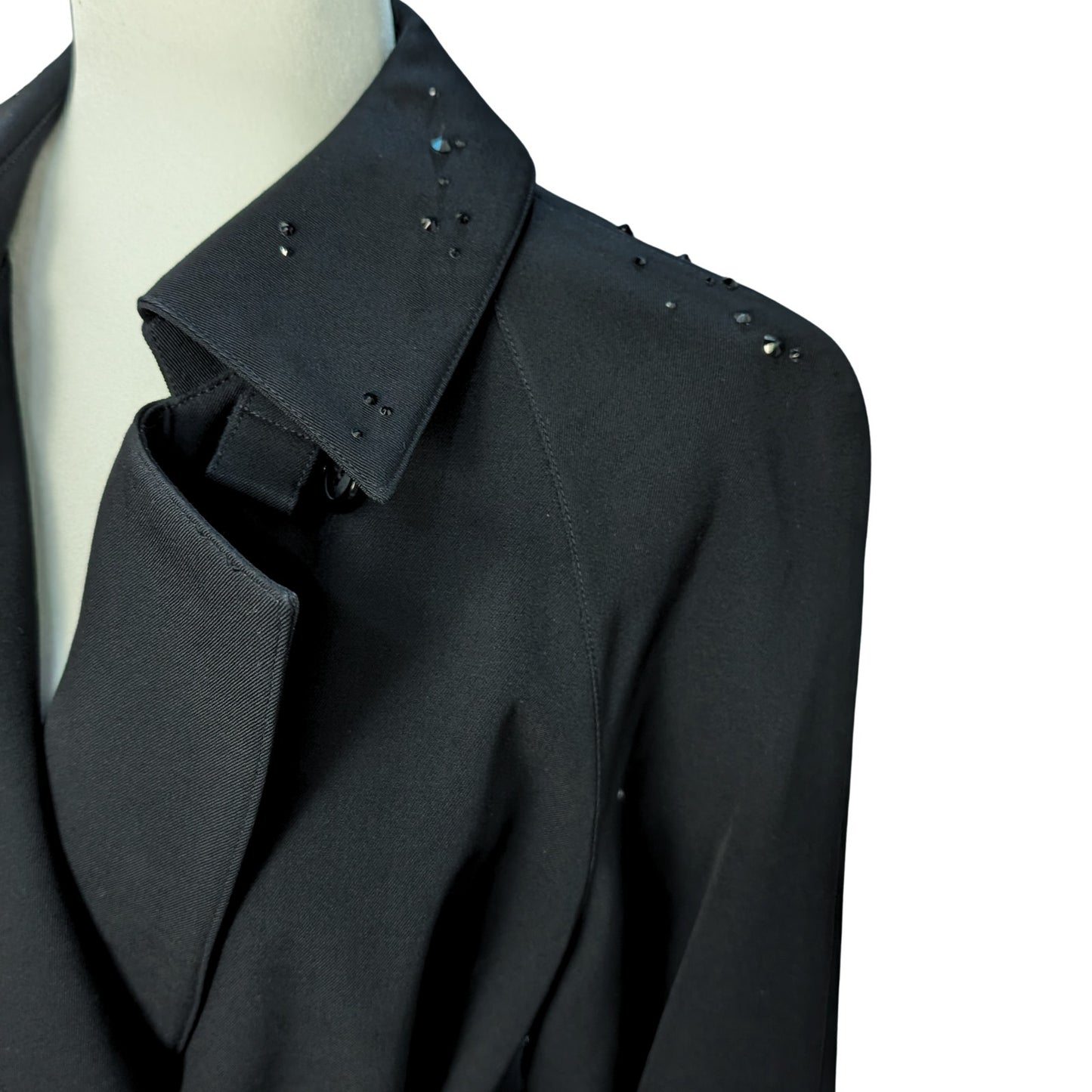 Vintage Black Wool Trench Coat with Austrian Crystal Details