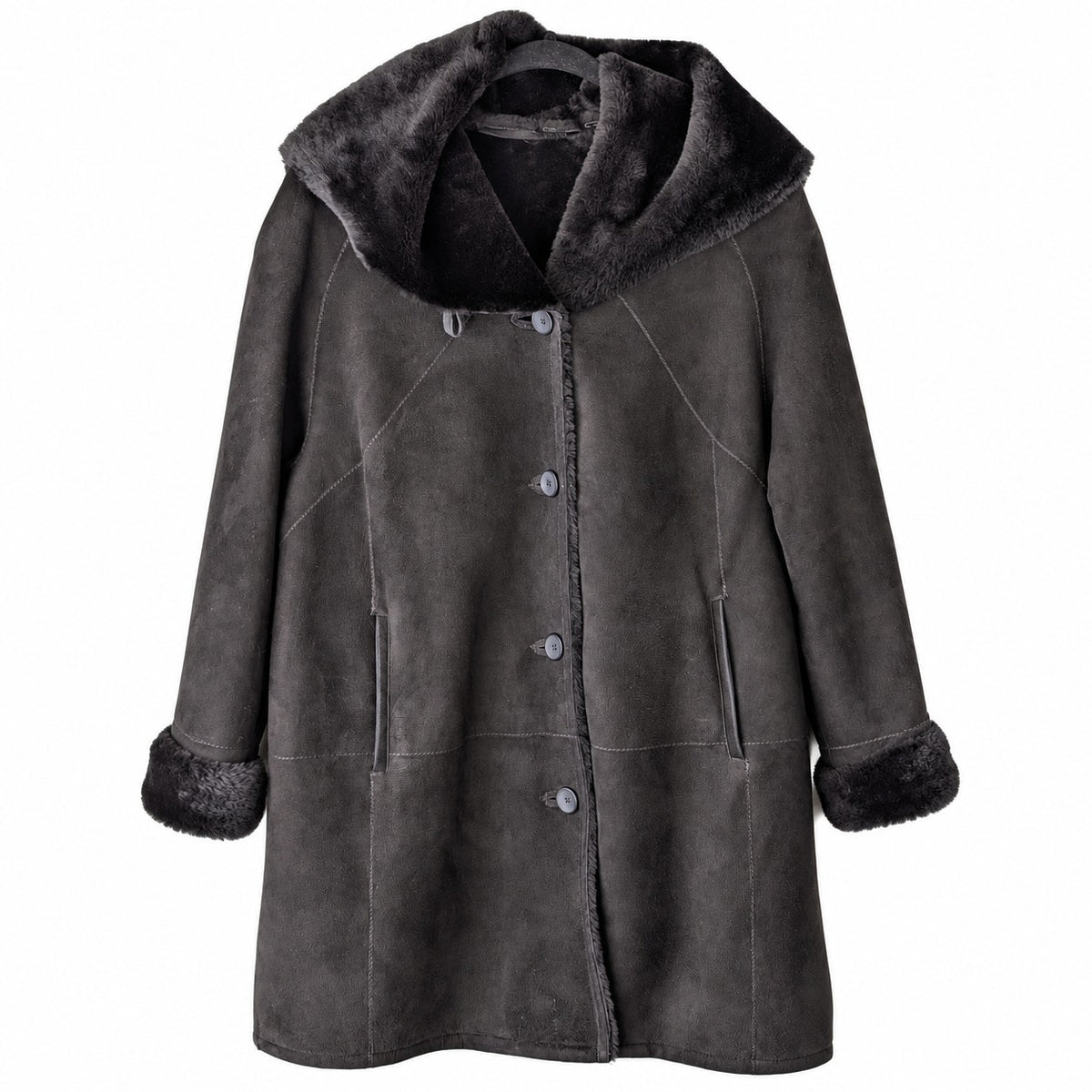 HiSO Genuine Spanish Shearling Sheepskin Hooded Coat Black Size 16