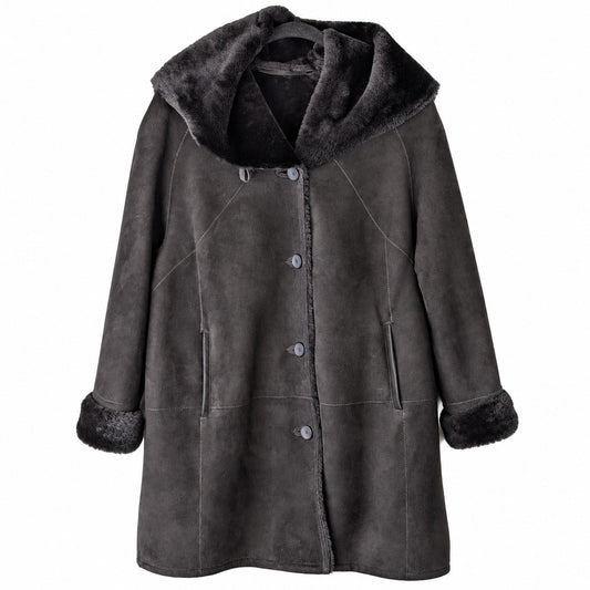 HiSO Genuine Spanish Shearling Sheepskin Hooded Coat Black Size 16