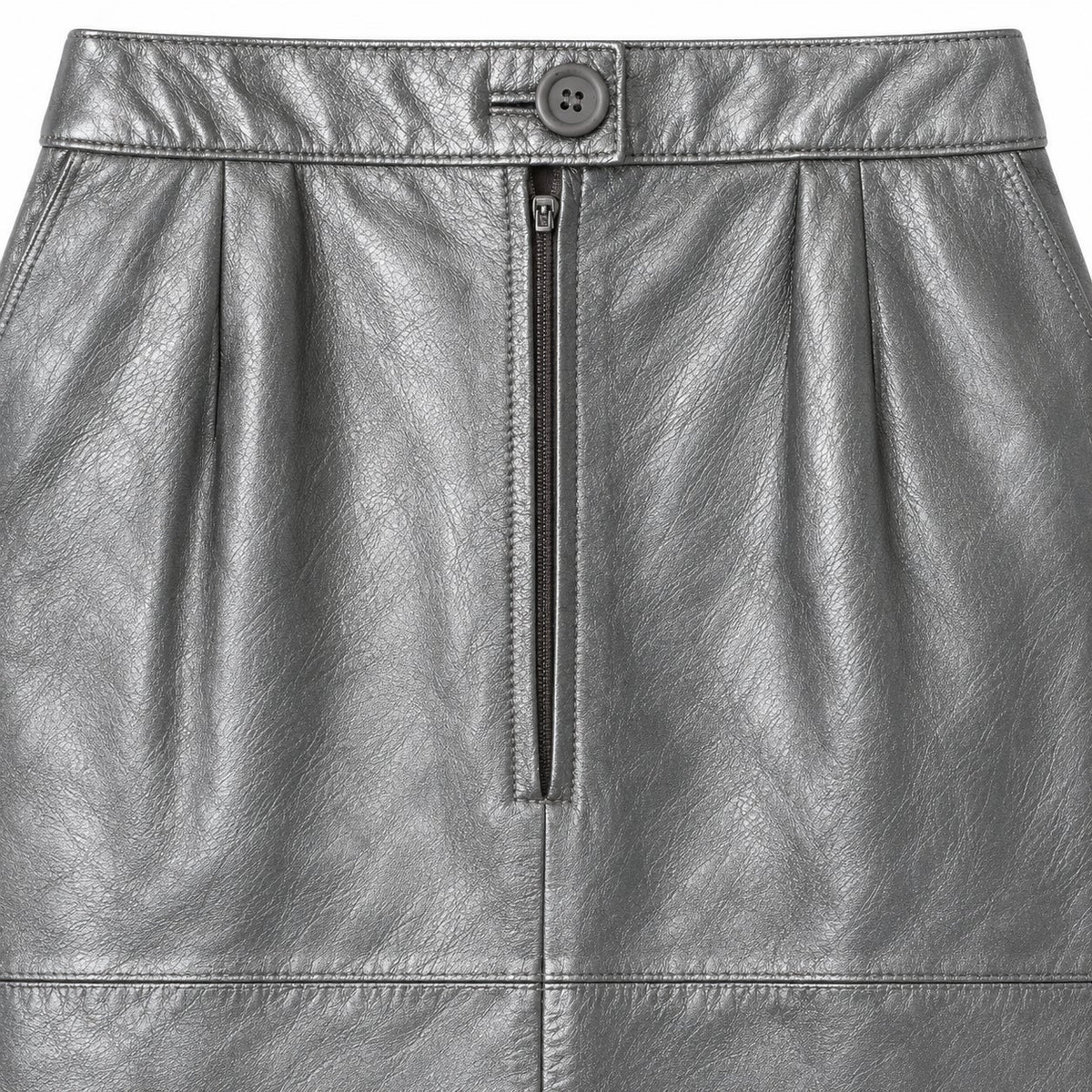 Vintage Silver Metallic Genuine Leather Pencil Skirt Back Slit Pleated XS