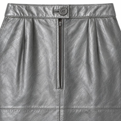Vintage Silver Metallic Genuine Leather Pencil Skirt Back Slit Pleated XS