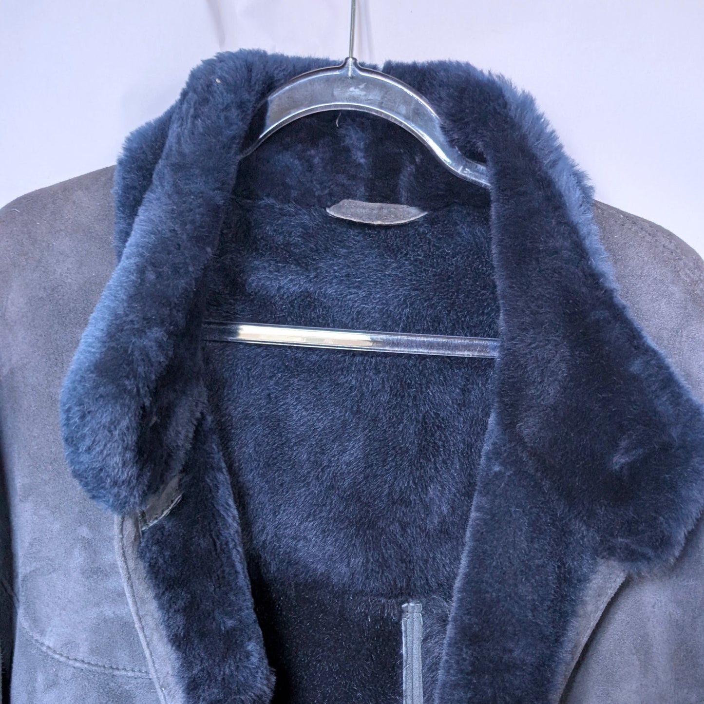 Vintage Sawyer of Napa 100% Shearling Suede Coat Navy Blue Sheepskin