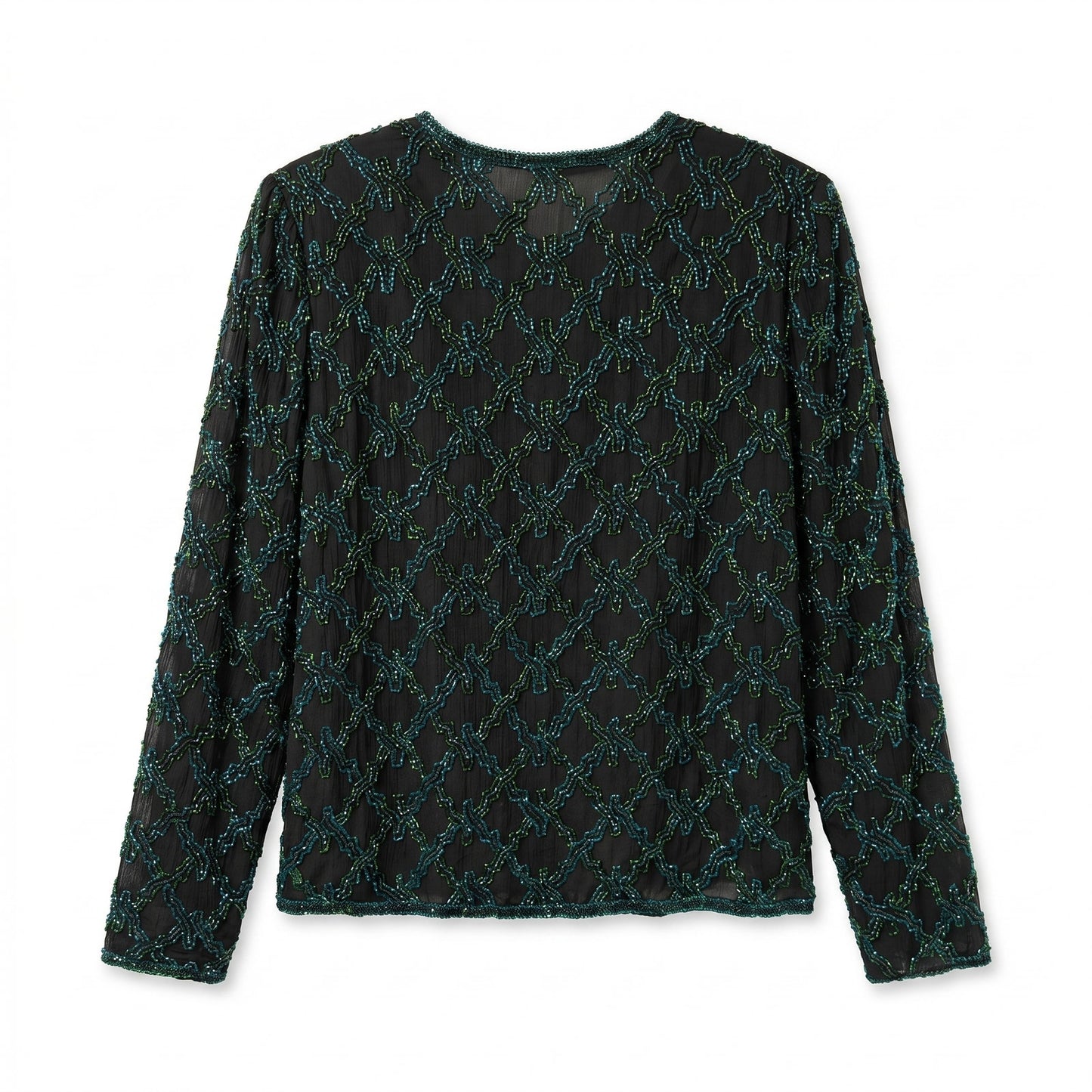 100% Silk Scala Beaded Evening Jacket Black Teal Green Seed Bead Geometric XL