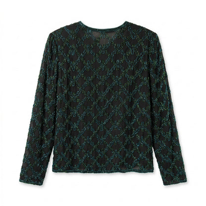 100% Silk Scala Beaded Evening Jacket Black Teal Green Seed Bead Geometric XL