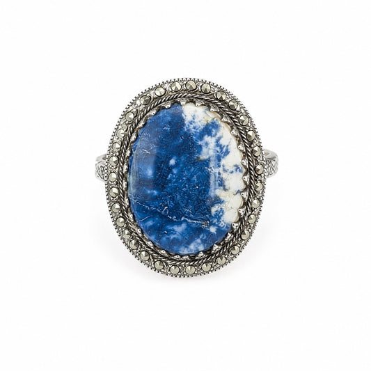 Vintage 905 Silver Sodalite & Marcasite Ring Size 7.5  Oval Statement Ring