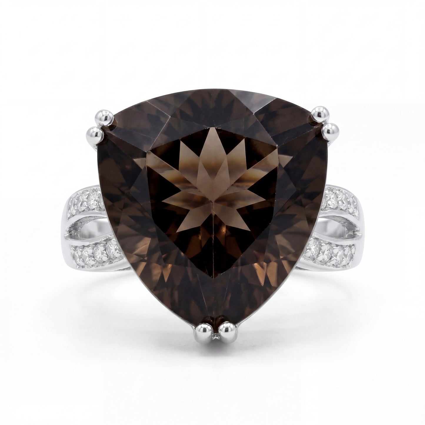 Smoky Quartz Statement Ring 925 Sterling Silver Size 5 Trillion Cut CZ Accent Ring