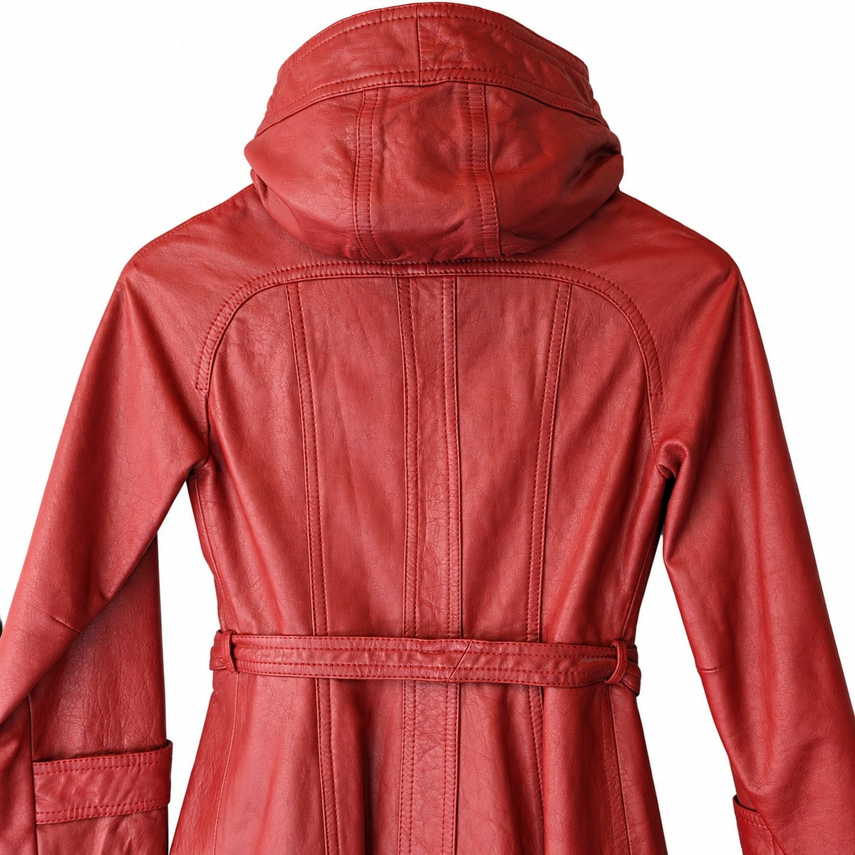 Vintage Red genuine Leather Hooded Belted Trench Coat Button Front Midi 70s