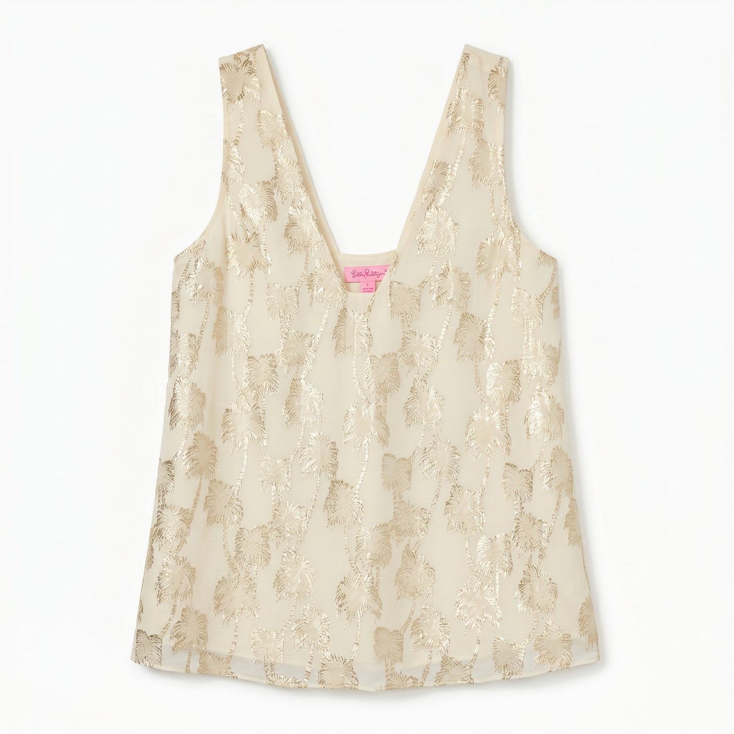 Lilly Pulitzer Gold Metallic Palm Tree Print Silk Tank Top | XS