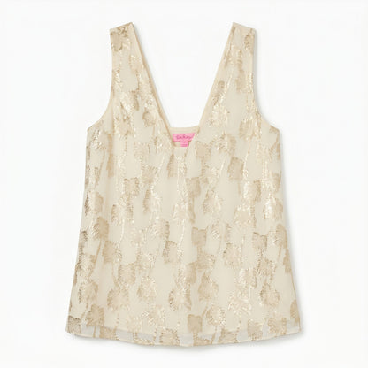 Lilly Pulitzer Gold Metallic Palm Tree Print Silk Tank Top | XS