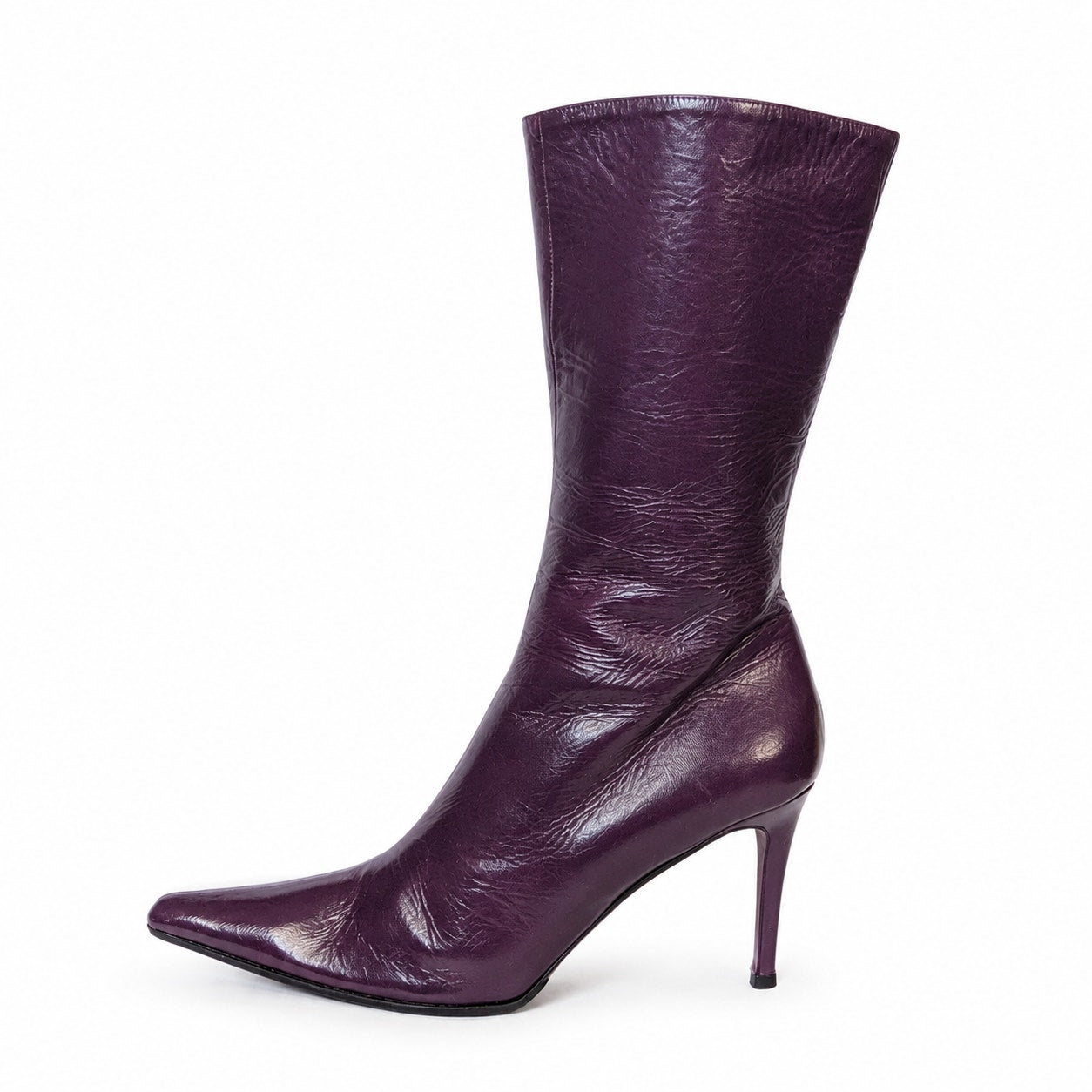 100% Genuine Leather Jill Stuart Italy Plum Purple Leather Knee High Boots Size 8 Pointed Toe Stiletto