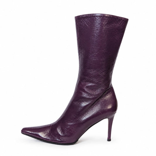 100% Genuine Leather Jill Stuart Italy Plum Purple Leather Knee High Boots Size 8 Pointed Toe Stiletto