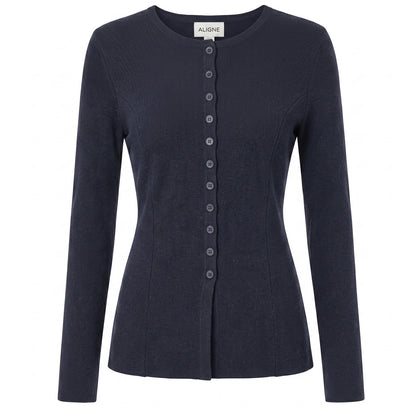 Aligne Navy Ribbed Organic Cotton Button-Front Top | 64% Organic Cotton | US 6
