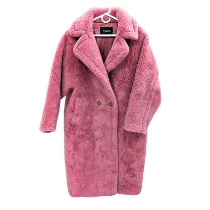 pink coat, pink winter coat, teddy coat, soft woolen coat, 100% wool coat, cocoon coat, double-breasted coat, oversized coat, designer coat, pissenlit coat, limited edition.