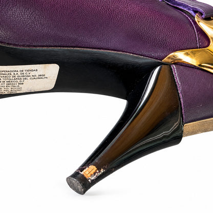 Vintage Purple Genuine Leather Slouch Ankle Boots Gold Toe Cap Wrap Tie EU 40