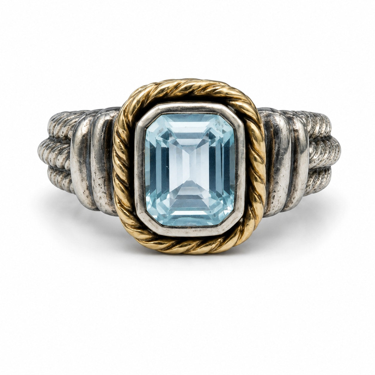 925 Sterling Silver 14K Gold Blue Topaz Cable Ring Size 8