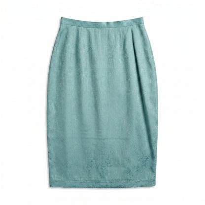 100% Silk Adrianna Papell Teal Aqua Metallic Jacquard Silk Pencil Skirt
