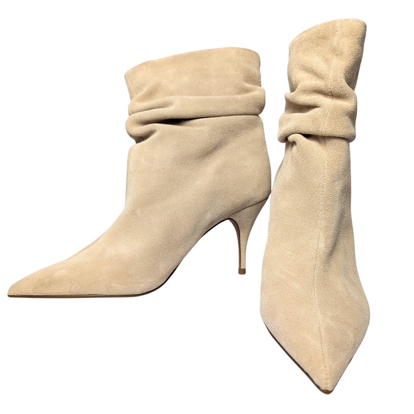 Brian Atwood Express Beige Suede Slouchy Ankle Boots Stiletto Heel Size 8