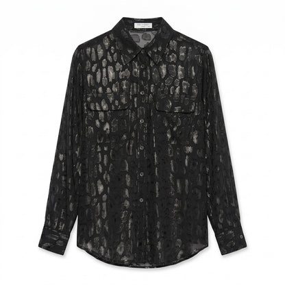 Equipment Paris Black Silk Metallic Leopard Blouse | Sheer Silk