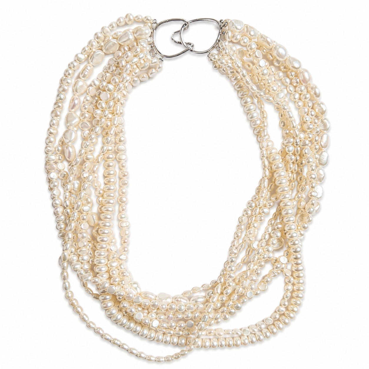 10 Strand Cultured Baroque Pearl Necklace 925 Silver Clasp Ivory 19"