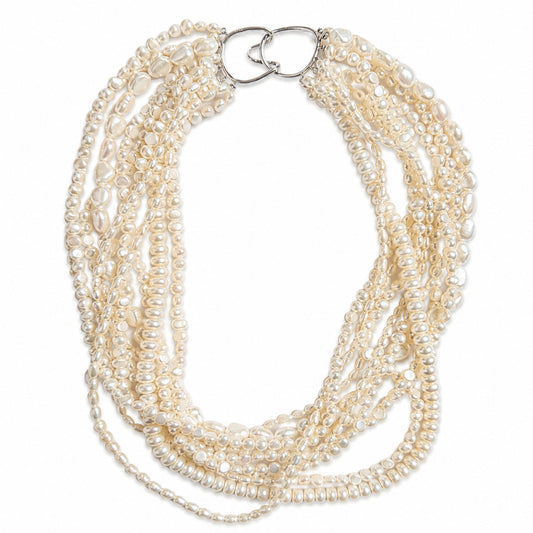 10 Strand Cultured Baroque Pearl Necklace 925 Silver Clasp Ivory 19"