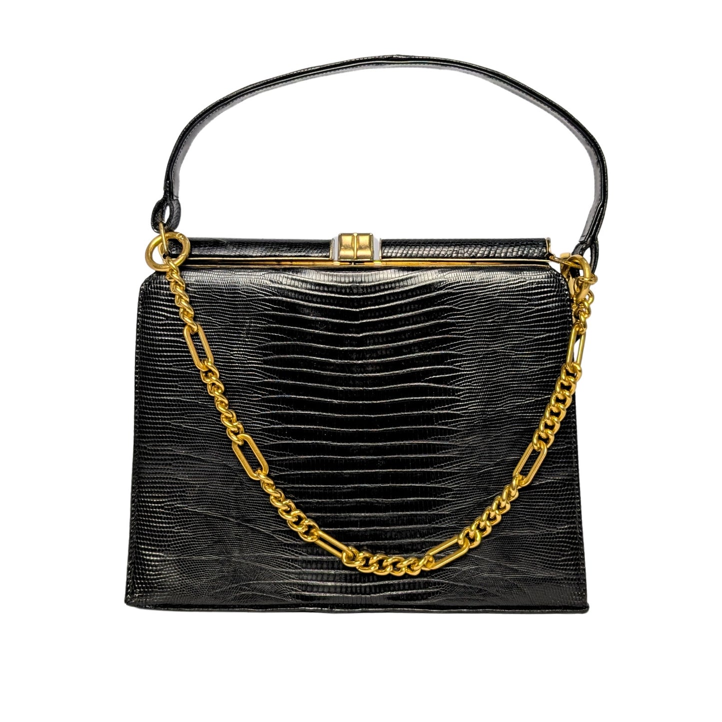 100%  Genuine Lizard Skin Bellestone Vintage Handbag Black Leather Top Handle Purse Upgraded Crossbody
