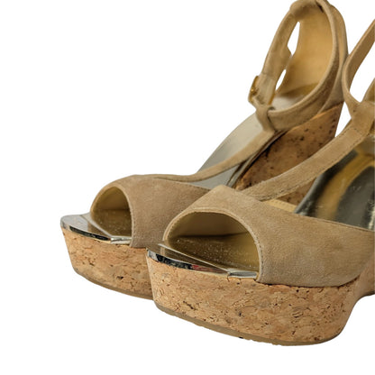 Jimmy Choo Tan Suede Cork Platform Sandals with Gold Accents