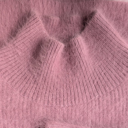 Lilac Pink Fuzzy Wool Angora Feel Mock Neck Tunic Sweater Dress, Front Slit