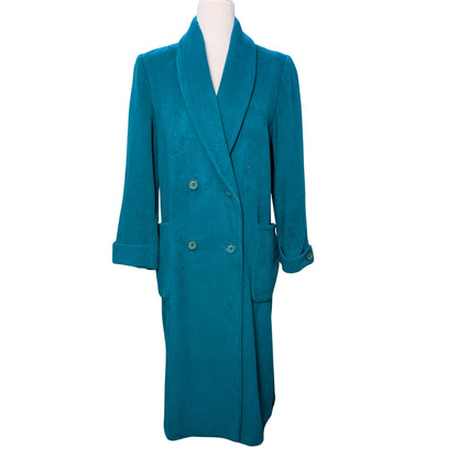 100% wool, mid length coat, wool coat, teal, turquoise, green, blue, petite coat, vintage, fitted coat, classic coat, shawl collar, one of a kind, unique, rare find, limited