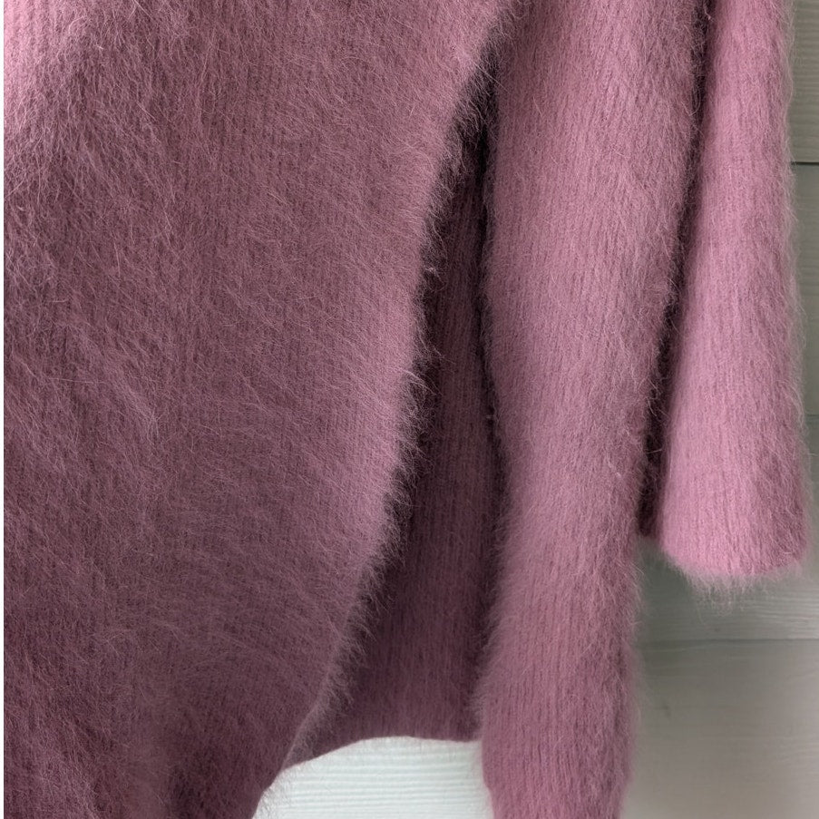 Lilac Pink Fuzzy Wool Angora Feel Mock Neck Tunic Sweater Dress, Front Slit