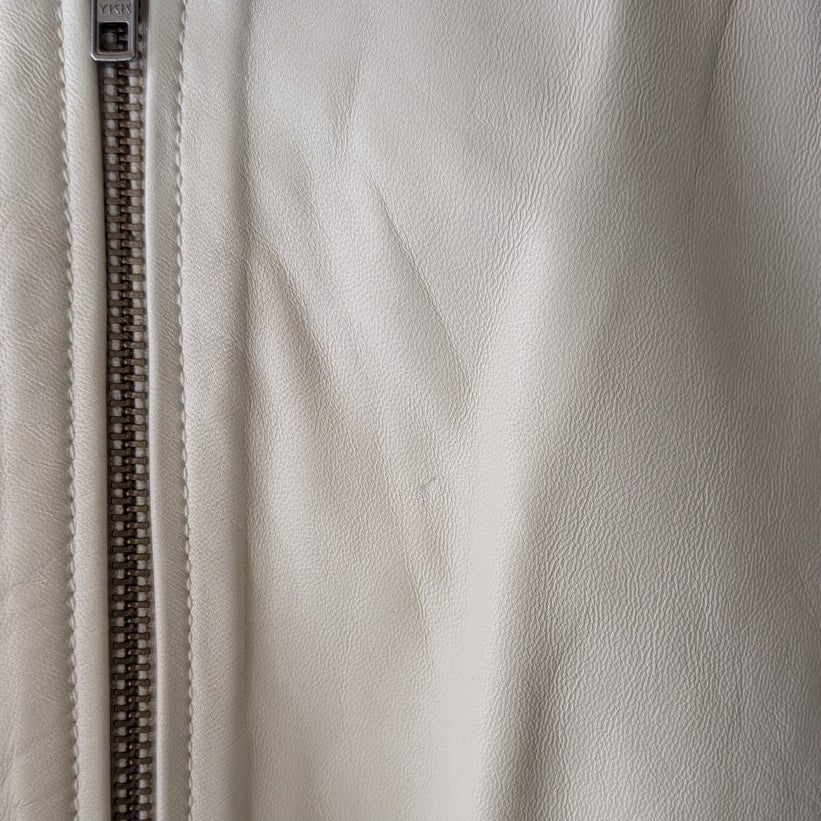 Nordstrom Ivory Genuine Leather Bomber Jacket Zip Front Ribbed Knit Trim