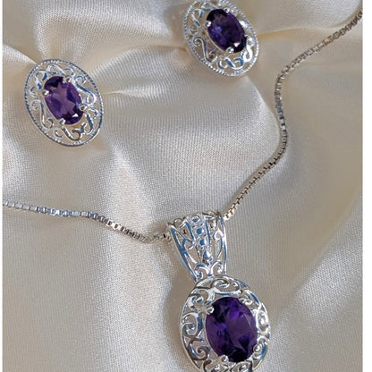 925 Sterling Silver Amethyst Jewelry Set Necklace & Stud Earrings Filigree New
