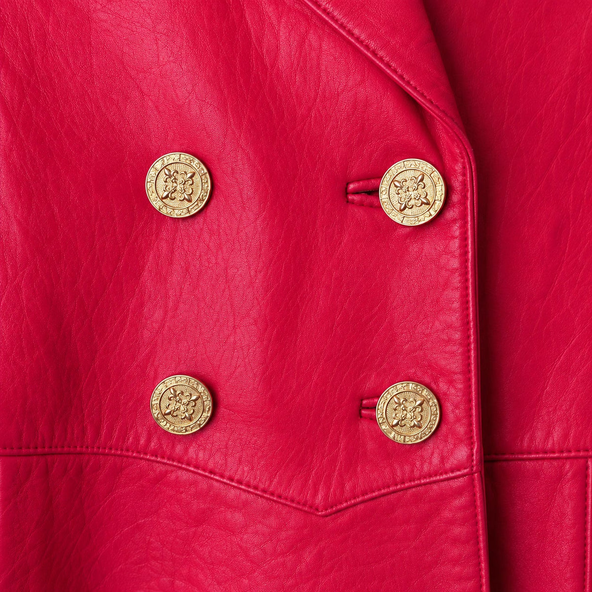 Tibor Red Genuine Leather Double Breasted Coat Gold Buttons Shoulder Pads S