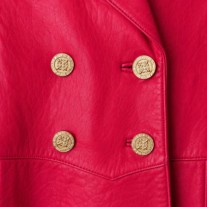 Tibor Red Genuine Leather Double Breasted Coat Gold Buttons Shoulder Pads S