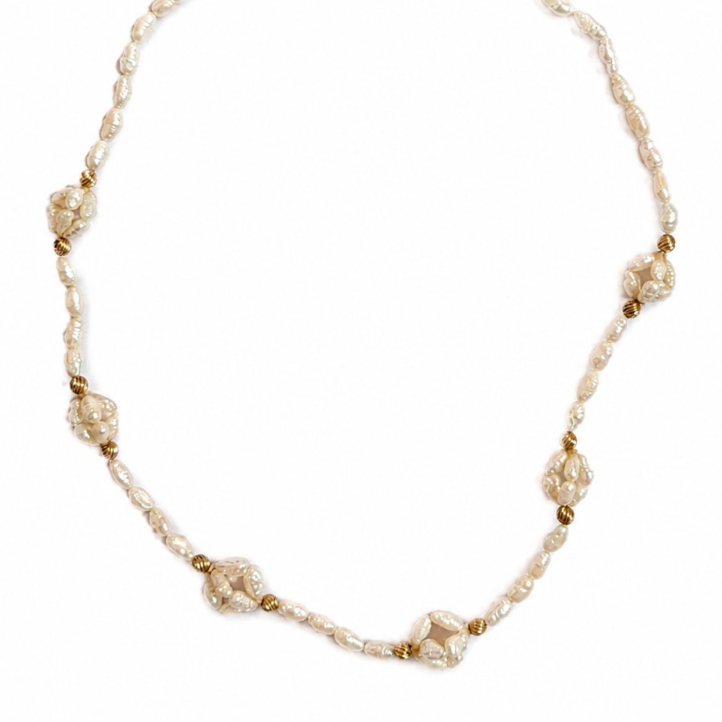 24" Baroque Pearl Necklace White Freshwater Pearls Gold Tone Accents