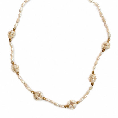 24" Baroque Pearl Necklace White Freshwater Pearls Gold Tone Accents