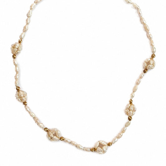 24" Baroque Pearl Necklace White Freshwater Pearls Gold Tone Accents